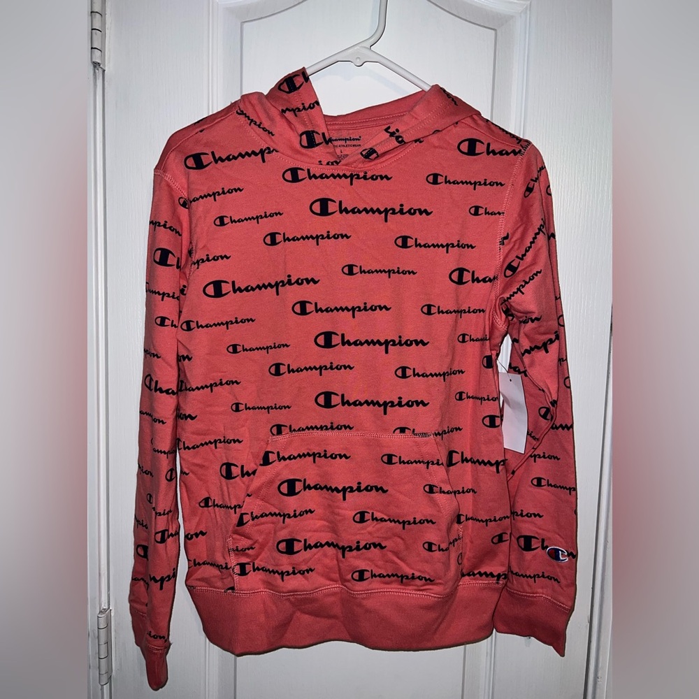 Champion Girls Citrus Pink Allover Script Logo French Terry Raglan Hoodie Size L